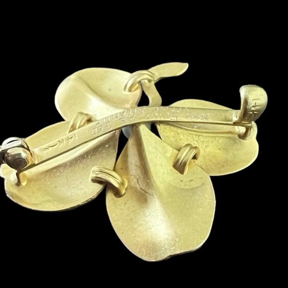 Antique 14K Gold Lucky Four Leaf Clover Brooch Pearl Latin Non Scholae Sed Vitae - Picture 11 of 16